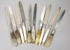 A matched set of six early 19th century agate handled silver dessert knives, Moses Emanuel?, London, 1802(5) and RP, London, 1824 and four other mother of pearl handles silver dessert knives.                             