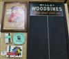 A Wills Woodbine tin advertising sign converted to a darts board and four other related items                                          