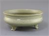 A Chinese Ming Longquan celadon tripod censer, 16th century, D. 27cm, hairline cracks                                                  