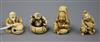 Two Japanese ivory netsuke of old men and two ivory okimono of immortals, late 19th/early 20th century                                 