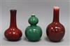 Two Chinese flambe glazed vases and a green crackle glaze double gourd vase (3) Tallest piece measures 23cm                            