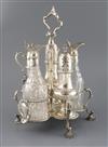 A George III silver cruet stand by Robert Hennell I, with three matching casters and two unmarked mounted glass bottles, 43.5 oz.      