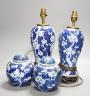 A pair of Chinese blue and white lamps and pair of ginger jars                                                                                                                                                              