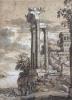 After Claude Lorain, watercolour, Figures beside classical ruins, old collection labels verso, 32 x 24cm. Unframed                                                                                                          