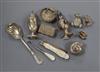 Ten assorted small silver items including a Victorian pocket fruit knife, two condiments etc. and a button hook.                       