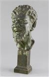 An early 20th century green patinated bronze mask of a laughing satyr, 12.5in.                                                         