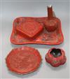 A Chinese cinnabar lacquer vase, a box and cover and a dish and other items Largest length 37cm                                        