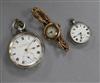 A 9ct gold wrist watch, a silver pocket watch and a fob watch.                                                                         