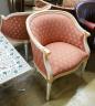A pair of Louis XVI design painted parcel gilt tub framed chairs, width 65cm, depth 45cm, height 81cm                                                                                                                       