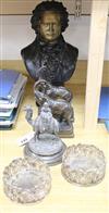 A bronze bust of Beethoven, a pair of elephant bookends, two plated coasters and an Arab on camel                                      