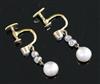 A pair of Edwardian gold, cultured pearl? and diamond drop ear clips, 22mm.                                                            