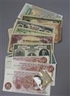 A group of assorted bank notes and two tokens                                                                                          