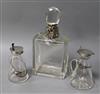 Two silver-mounted conical whisky noggins with spirit labels and a decanter,                                                           