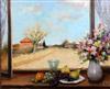 § Marcel Dyf (1899-1985) Fruit and flowers on a window sill, a farm landscape beyond 23.75 x 29in.                                     