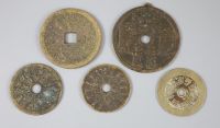China, 5 large cast bronze charms or amulets, Qing dynasty,                                                                            