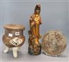A Chinese crackle glaze tripod censer, a giltwood figure of Guanyin and a cast metal mirror tallest 42cm                               