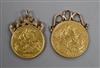 A 1912 gold full sovereign with pendant mount and a 1913 half sovereign with pendant mount                                             