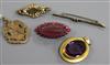 A late Victorian "H.U. Championship" 9ct gold medal and four items of costume jewellery.                                               