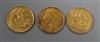 Three gold half sovereigns, 1901, 1906 and 1908.                                                                                       