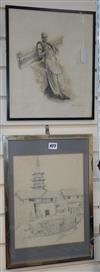 George R. Copert, pencil drawing, View of a Siamese temple, 32 x 25cm and Study of a man carrying timber,                              