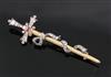 A late Victorian gold and silver, ruby, old and rose cut diamond set sword and ribbon bow brooch, 67mm.                                