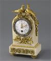 An early 20th century French ormolu mounted white marble desk timepiece, width 3.5in. depth 2.25in. height 6.26in                      