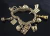 A Russian 56 zolotnik gold charm bracelet, hung with thirteen assorted mainly 9ct gold charms,                                         