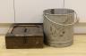 A brass mounted galvanised four gallon bucket and a case of milk sample bottles, Galvanised bucket 31 cms high.                                                                                                             