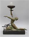 An Art Deco spelter figural lamp on a marble base height 38cm, repair to right arm                                                     