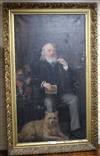 Late 19th century English School, oil on canvas, full length portrait of a seated gentleman with a terrier, 126 x 70cm                 