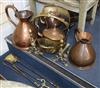 Six items of Victorian copper including a brass scuttle and irons                                                                      