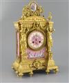 A late 19th century French ormolu and Sevres style porcelain mantel clock, width 8.5in. depth 6in. height 14.25in.                     