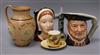 A Doulton stoneware jug, two Toby jugs and a Brookdale cup and saucer tallest 19.5cm                                                   