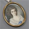 A yellow metal mounted oval miniature portrait pendant, 40mm.                                                                          