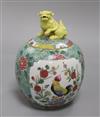 A late 19th century Samson famille rose rooster jar with kylin finial height 25cm                                                      