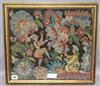 A 19th century needlework panel of musicians and dancers and two framed crewel worked samplers of embroidery                           