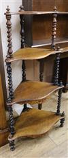 A Victorian walnut and marquetry corner whatnot W.59cm                                                                                 