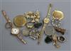 A three colour 9ct gold band, a 9ct gold wrist watch on gilt bracelet and a small group of mixed jewellery etc.                        