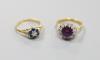 An 18ct yellow gold, diamond and amethyst cluster ring and an 18ct yellow gold, sapphire and diamond flower head ring, 7.1g                                                                                                 