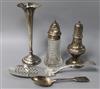 A George III silver fish slice, an engraved and embossed silver sugar caster and three other items,                                    