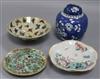 A Chinese straight butterfly bowl, a Straits footed bowl with rabbit, a prunus ginger jar and a Canton dish                            