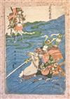 Four Japanese woodblock prints of figures by Suntei, Kunisada, Toyokuni, etc., largest 36 x 26cm, unframed, Ex Joe Hloucha collection  