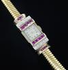 A lady's 1950's? high carat gold, synthetic? ruby and diamond set cocktail watch,                                                      