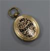 A late Victorian engraved yellow metal and black enamel oval mourning locket, 27mm.                                                    