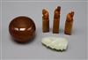 A Chinese pale celadon jade figure, a chalcedony box and cover and three soapstone seals                                               