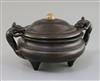 A Chinese bronze tripod censer, ding 18th century W. 25cm, jichimu cover                                                               