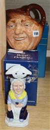 Two Royal Doulton figures: Auctioneer and Schoolmarm and other character jugs etc.                                                     