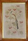 A Victorian needlework panel depicting a bird perched upon fruiting rowan branches, 29 x 20in., maple framed                           