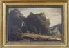 19th century English School, oil on millboard, Figures in a Welsh landscape, 19 x 30cm                                                 