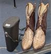 A pair of Gentlemans Cobra skin and leather cowboy boots, and a pair of binoculars                                                     